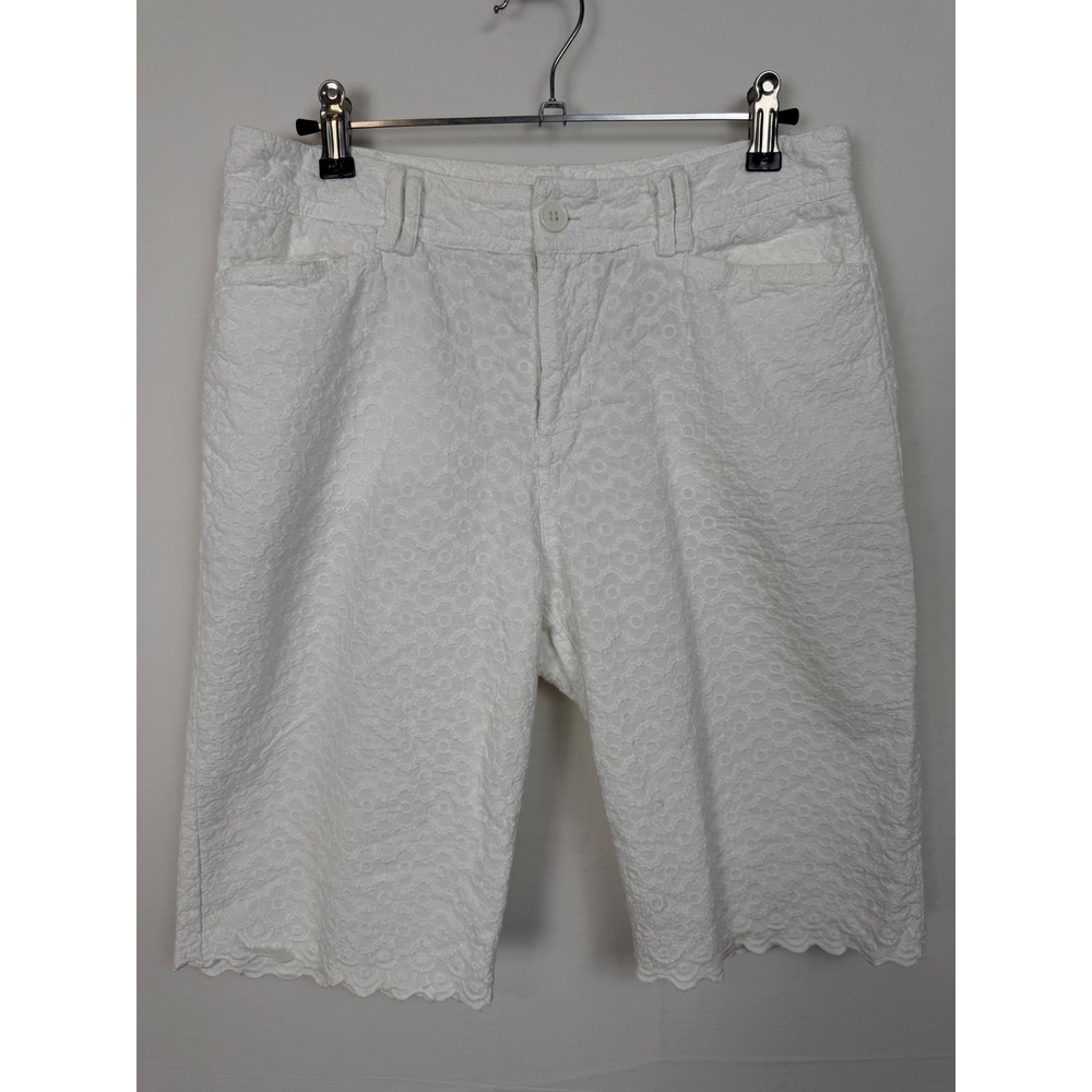 Caribbean Joe Womens 100% Cotton Shorts 6 White Eyelet Scalloped Hem Textured